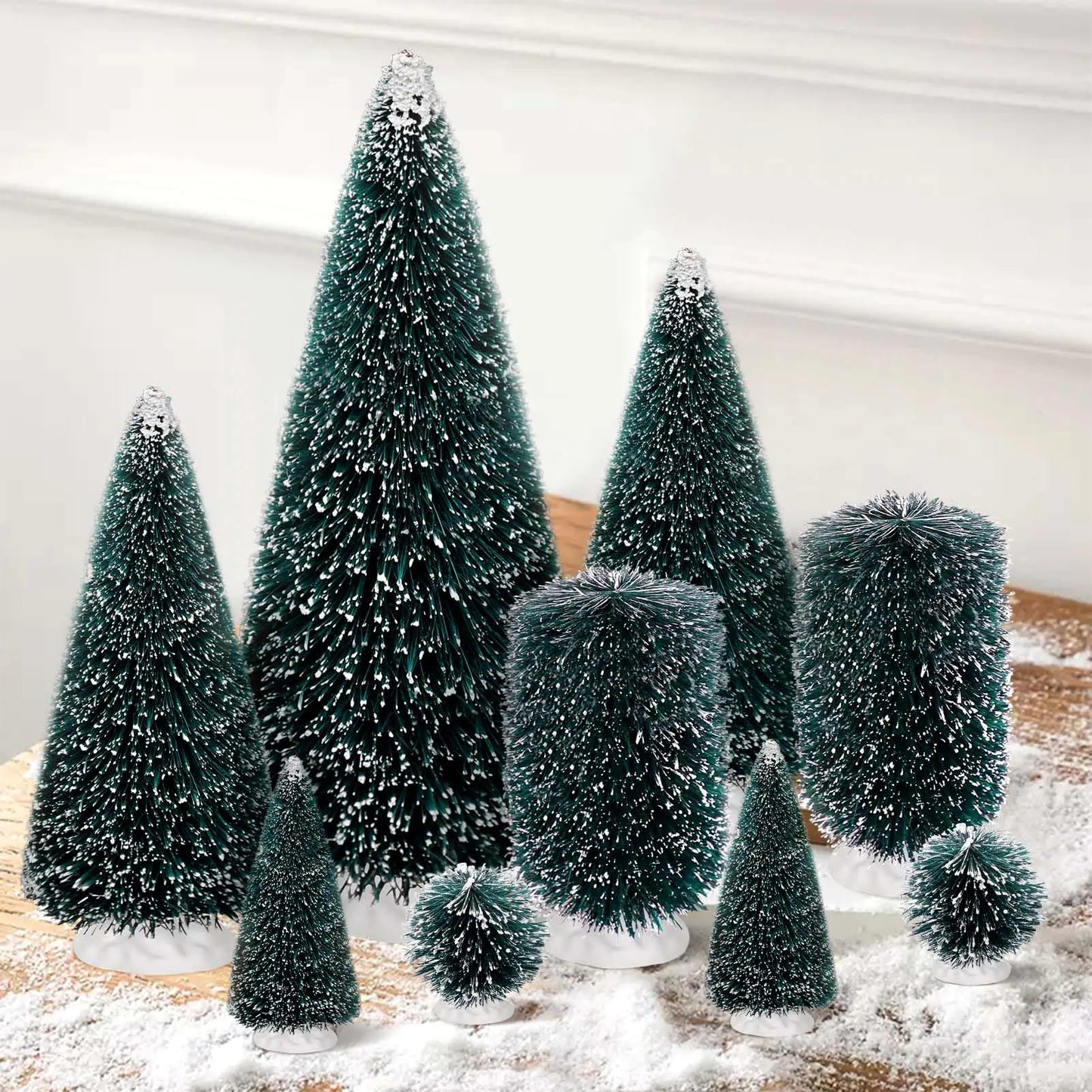 🎄 9PCS Mini Artificial Christmas Trees Set | Bottle Brush Christmas Decorations in 5 Sizes for Table, Home & Holiday Décor (Ellipse & Circle Base)