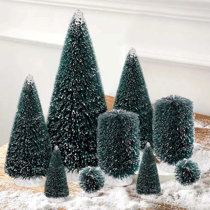 🎄 9PCS Mini Artificial Christmas Trees Set | Bottle Brush Christmas Decorations in 5 Sizes for Table, Home & Holiday Décor (Ellipse & Circle Base)