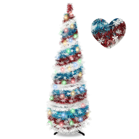 🎄 5FT Pop-Up Christmas Tree with 90 LED Lights (Red, White & Blue)