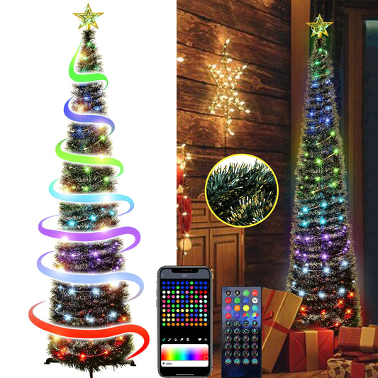 🎄 5FT Pop-Up Tinsel Christmas Tree with Multicolor Timer LED Lights & Remote/App Control | Collapsible Pencil Tree for Home, Shop, Porch & Valentine’s Décor